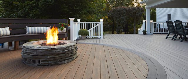 outdoor deck area with fireplace with multiple decking materials for nashville, tn, weather